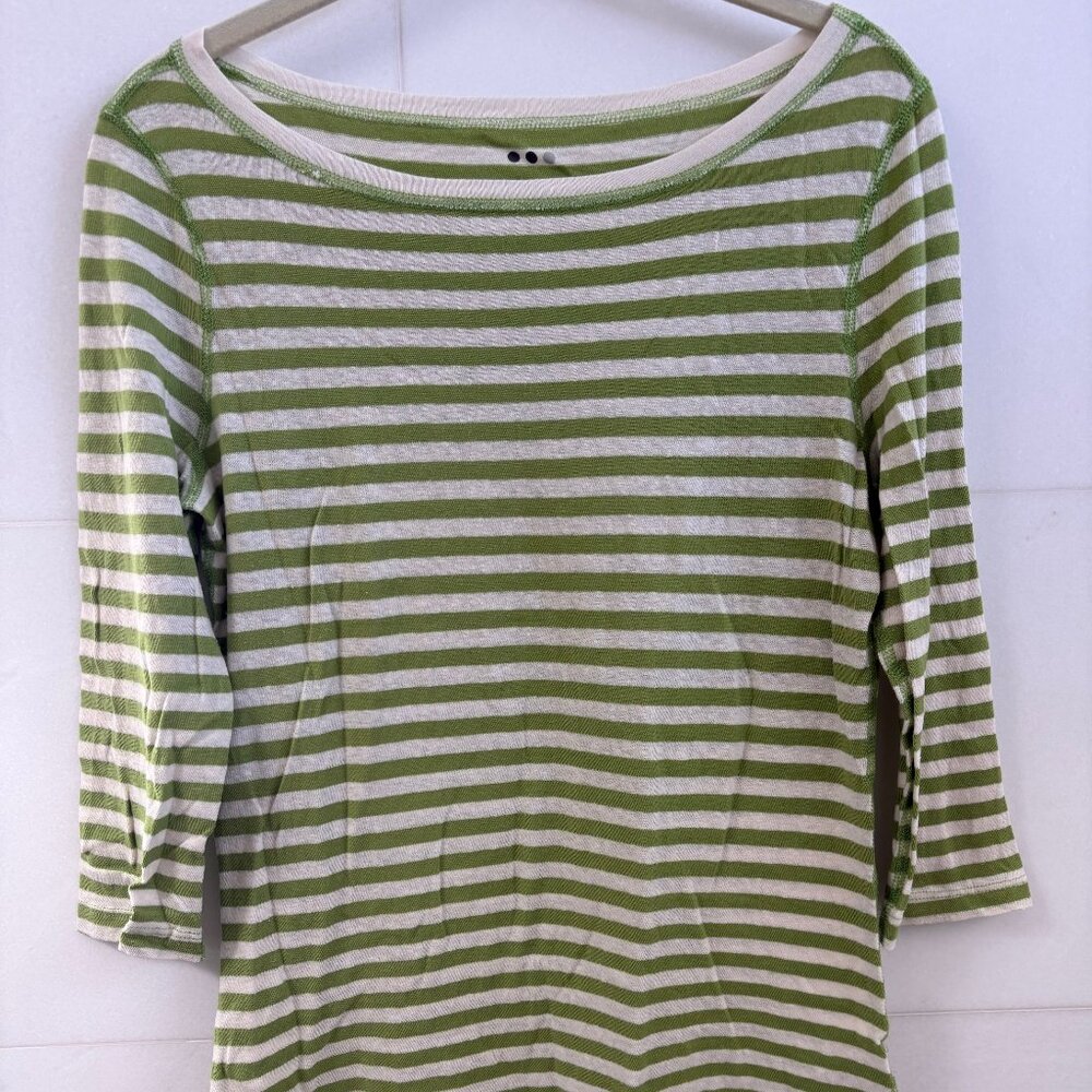 Three Dots Green White Striped Boatneck 3/4 Sleeve Top Size L Made in USA